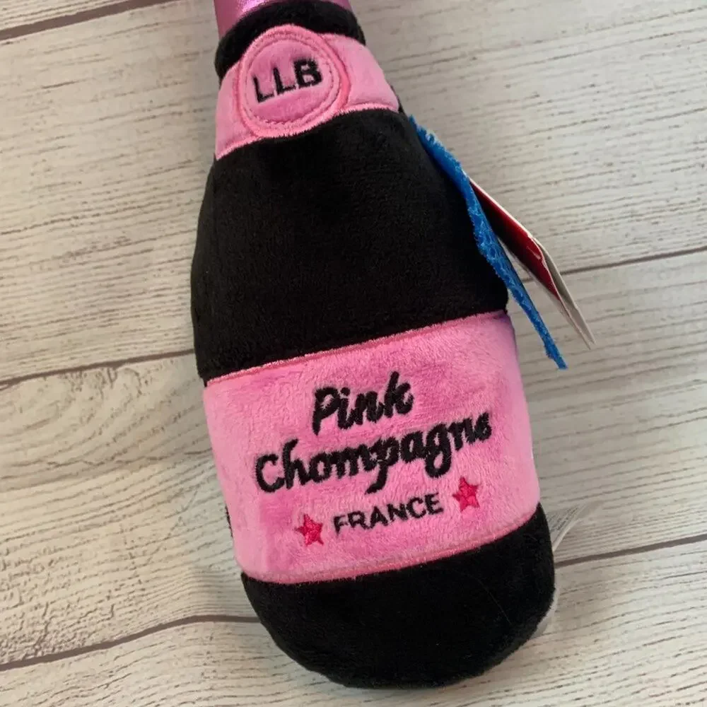 Lulubelles Dog Toy Plush Stuffed Pink & Black Champagne Bottle Squeaky NEW 13